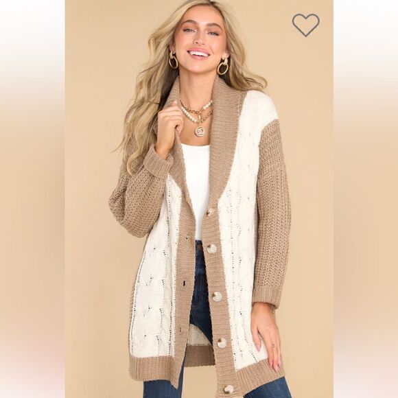 Fable Just For Me Tan Cardigan Sweater Colorblock Chunky Knit Cream Tan M/L NWT - Picture 1 of 12